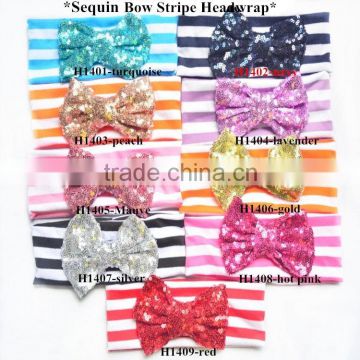 2015 New arrival big sequin hair bow stretch stripe headband,lovely sequin top knot headwraps