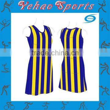 Yellow and blue stripe netball dress design wholesale