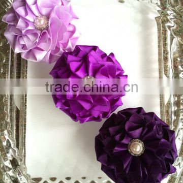 Purple satin ribbon flowers,handmade fabric flower with pearl