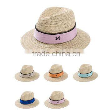 Ladies promotional alphabet M caps with ribbon straw panama hat cheap