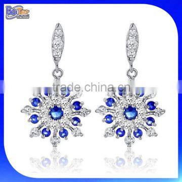 Custom Snow Flake Snowflake Drop Earring, Blue and Clear Round Cubic Zirconia Dangle Synthetic Earrings Silver