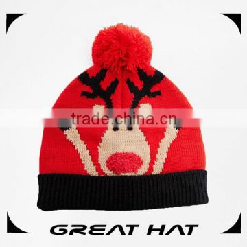 100% Acrylic China good feeling pom pom red baby knitted hat