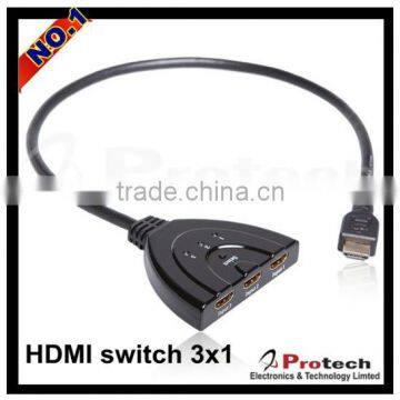 3X1 hdmi 1x3 switcher Pigtail with 50cm hdmi cable 2016 hot sale support 1080P