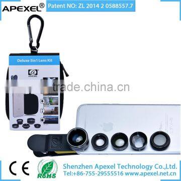 APEXEL 5 in 1 Phone lens set 0.63x Wide Angle+15x Macro+198 fisheye+2x zoom+Filter 5 in 1 phone lens kit for iPhone iPad Samsung