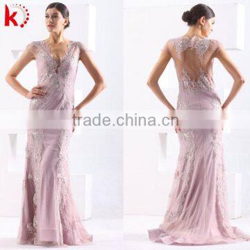 Gorgeous V-neck Cap Sleeve Pretty Appliqued Beaded Sequins Real Sample Prom Dress