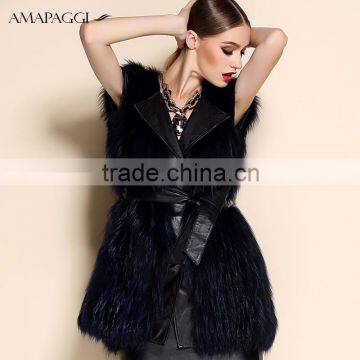 Hot sale dark blue sliver fox fur vest with leather vest