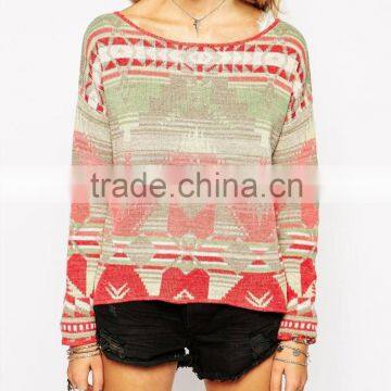 High Fashion Design Sexy Women Sweater Jumper Boat Neckline Pattern Jumper Colorful Jumper