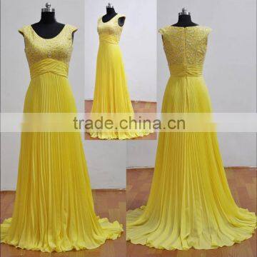 Yellow Pleated Sleeveless Floor Length Customized Chiffon Dress for Bridal Maid BM003 chiffon bridesmaid dress patterns 2014