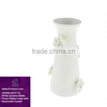 White Ceramic Matte Floral Pattern Vase with crystals from swarovski