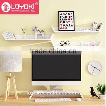 Multifunction Mdf Wood Trapezoid Shape Wall Shelf Computer Monitor Riser Stand High Gloss Floating Wall Mount Shelf photo-3