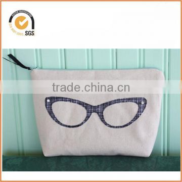 Cat Eye Glasses Applique Zipper Pouch/Makeup Bag: Natural Canvas with Black and White Plaid and Rhinestones By Chiqun Dongguan