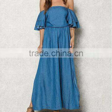 Blue Chambray Off Shoulder Bell Sleeve Maxi Denim Jeans Dress Ladies Western Dress Designs HSd5281 photo-5