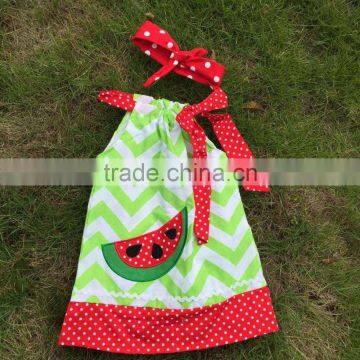 Professional Design Latest Style Girls Watermelon Green Chevron Dress With Necklace and Headband photo-2