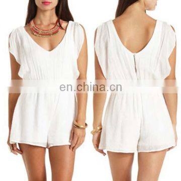 New In Elegant Women White Sleeveless V-Collar Short Pant Jumpsuit