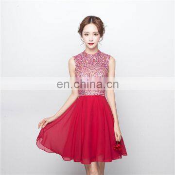 Unique Design Sweet Two Colors Jewel Sleeveless A Line Mini Chiffon Hollow Beaded Evening Dress