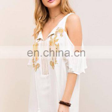 Summer Exclusive Design Embroidred Rayon Crepe Halter Sleeves Short Dress