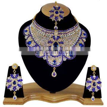 Blue Crystal Bollywood Gold Plated Indian Handmade Ethnic Kundan Zerconic Necklace set in Color