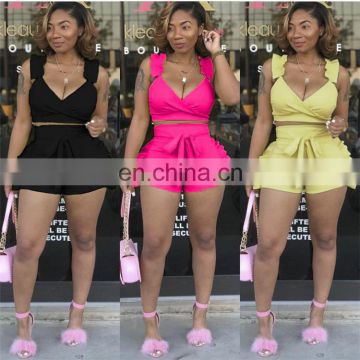 Wholesale Sexy Plain Backless Ruffle V neck  2 Piece Set Plus Size  Women Shorts Set