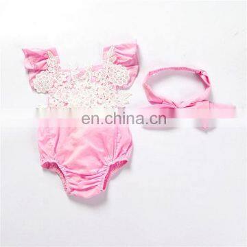 Newly baby girl pink lace flower romper jumpsuit 2 pieces set bow hair band rompers baby suit