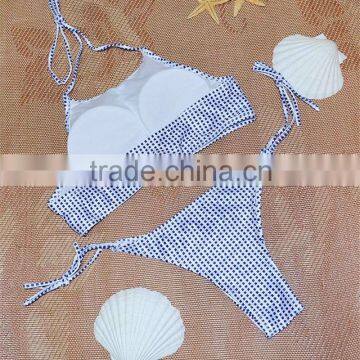 2016 Summer New Small Plaid Halter High Neck Bikini Set Crop Top Sey Thong Triangle Bottom Bandage Women Swimwears SwimSuit photo-6