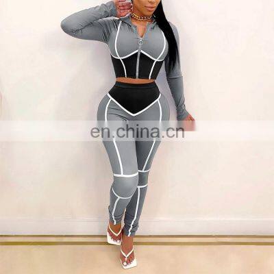 2020 Fall Fashion Woman Clothes Round Neck Crop Top High Waist Pants Two Piece Set photo-5