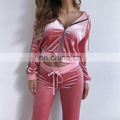 Slim fit velvet pink ladies custom tracksuit sweat suit