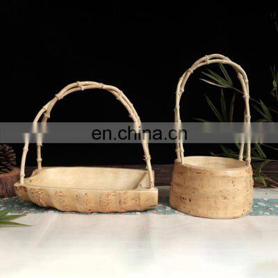 Luxury wood bowl handmade serving tray snack food fruit wooden dishes plates set for dry fruits round bamboo root hand basket