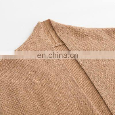 Elegant 100% Cashmere Cardigan Long Sleeveless Sweater Scarf Collar Slim Fit Waist Knitted Spring Season Solid Pattern Front photo-3