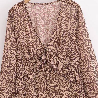 New French Retro Printed V-neck Elegant Slimming A-line Layered Decorative Print MIDI Dress photo-3