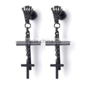 Mens Women Black Skeleton Claw Cross Chain Stud Earrings Drop, Stainless Steel, Screw Back, 2 pcs