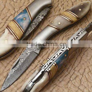 udk f98" custom handmade Damascus folding knife / pocket knife with colored Camel bone, steel bolster and spacers Handle