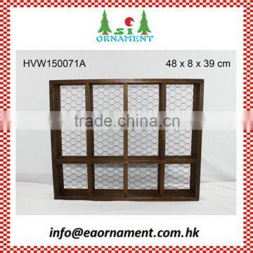 Wooden rack with metal wire back of wooden storage box