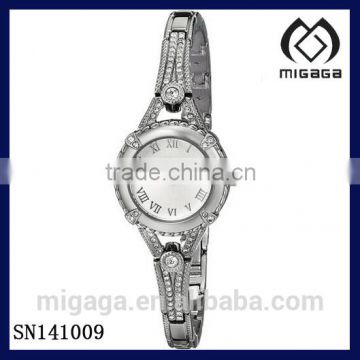 Self-adjustable polished silver-tone and crystal bracelet quartz watch