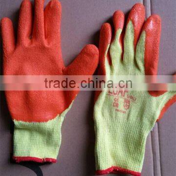 10 gauge yellow cotton yarn orange latex coated knitting glove with wrinkle in safety gloves