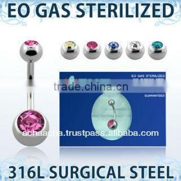 Surgical steel belly banana, 14g (1.6m) with a 8mm and 5mm jewel ball - length 3/8" or 1/2" in sterilized package