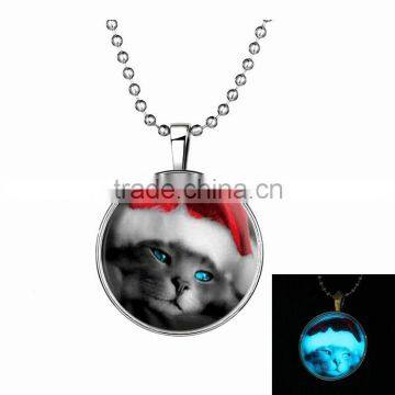 Unique Luminous pendant cat with Christmas hat photo crystal necklace