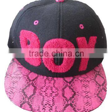 terry embroidery fake leather brim fashion flat brim hat,design snapback cap