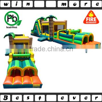 big custom tropical island jump and slide obstacle course playhouse, used inflatable obctacle course explorer prices for sale