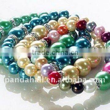 Fashion Glass Pearl Bracelets, with Middle East Rhinestone, Multicolor, about 55mm inner diameter(BJEW-JB00303)