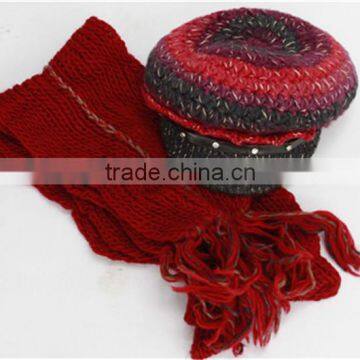 Women Acrylic Fall/Winter Knitted Multicolors Marching Peaked Cap and Scarf