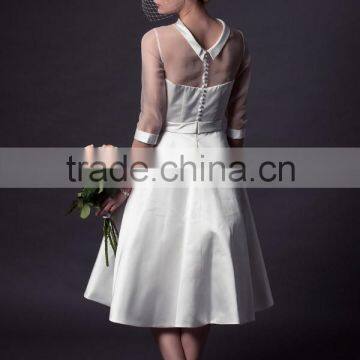 (MY0509) MARRY YOU 2016 Short High Neck Soft Satin Tea Length Wedding Dresses With Sleeves photo-3