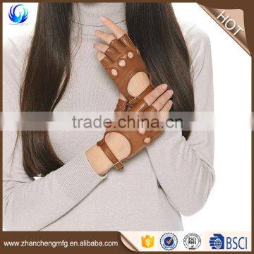 2016 wholesale ladies custom brown sheepskin cool fingerless leather driving gloves