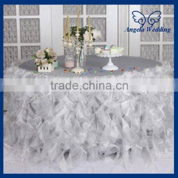 CL010J New Custom made elegant organza 120'' round ruffled frilly fancy wedding light grey silver curly willow table cloths