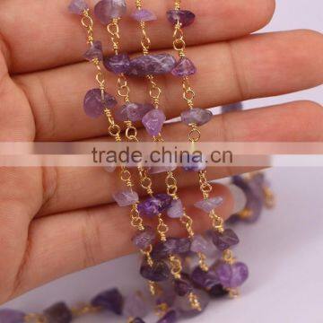 Gold Plated Wire Wrapped Beaded Rosary Chains Amethyst Quartz Stone Beads Jewelry Chain photo-5