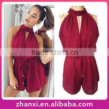 Drawstring short halter top sleeveless custom rompers set jumpsuits for women 2015