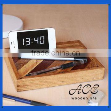 Rustic Solid Wood Customization Wooden Phone Holder with Logo Pen Tray Pad Stand Mini Storage Box on Desk