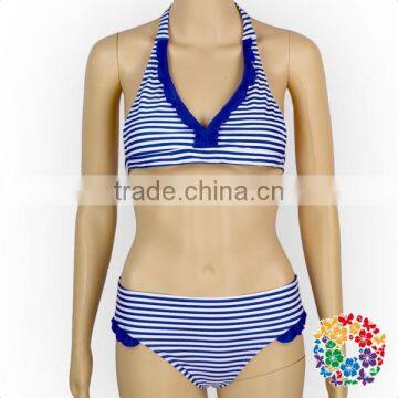 Wholesale Cheap Adult Women Swimsuit Blue White Stripe Bikini Set photo-3