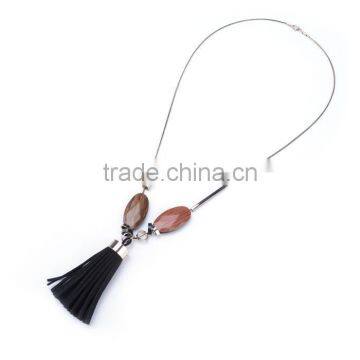 Wood Bead Chain Necklace Tassel Necklace Geometric Metal Beads Rings on Chain Necklace photo-2