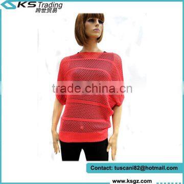 Women Red Sheer Crochet Knitwear Pullovers Sexy Mid-Sleeve Shirts Top