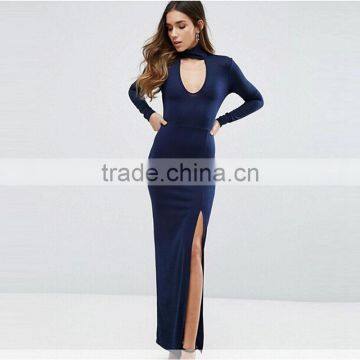 2017 Women Long Sleeve High Neck Maxi Dress With Choker Detail HSd9035